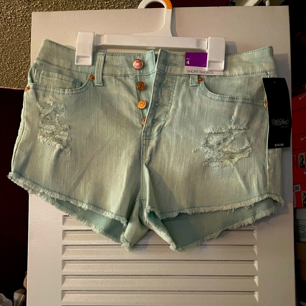 Mint green button fly shorts